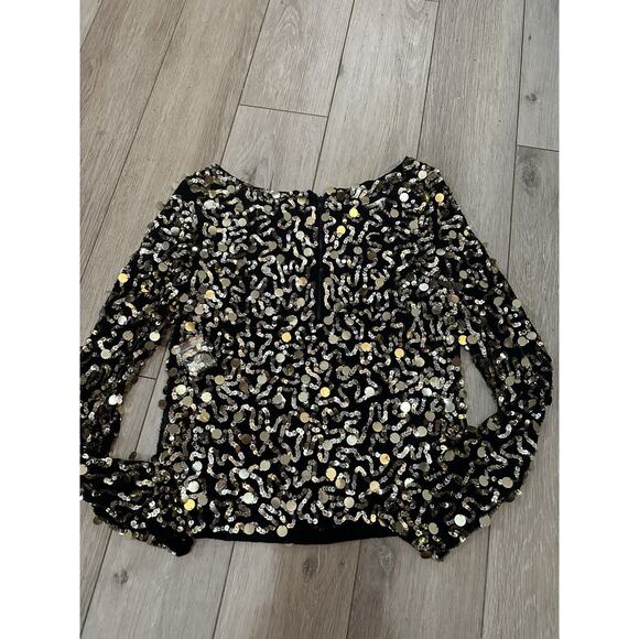 Alice + Olivia Pixie Gold Sequined Black Silk Top Zip Back XS - Picture 5 of 11